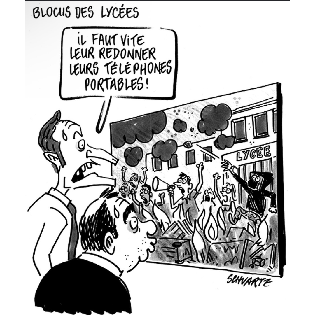 Artwork 11: A cartoon about lycée blockades proposes returning pupils’ mobile phones to them.