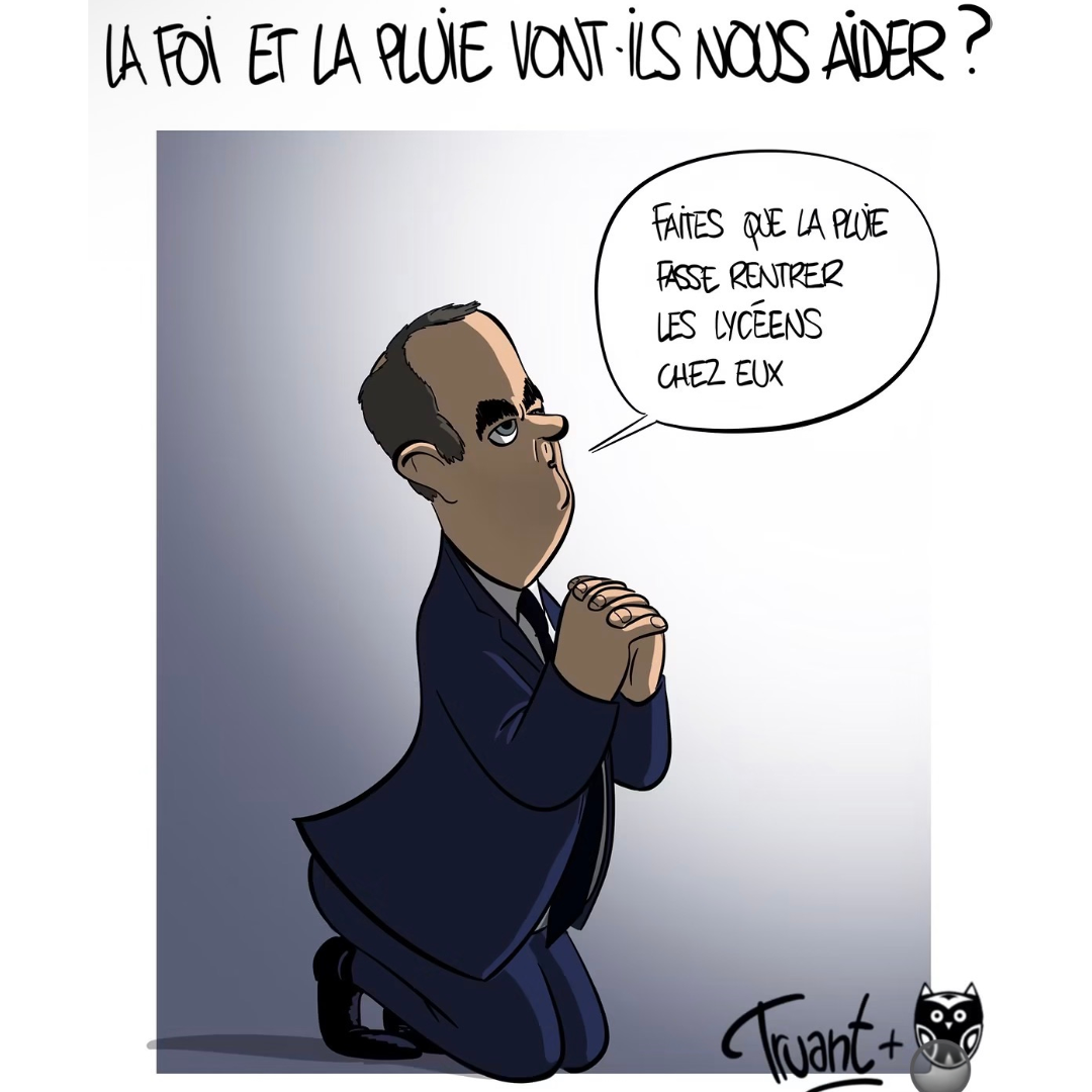 Artwork 12: A politician prays for rain to send protesting lycée students home.