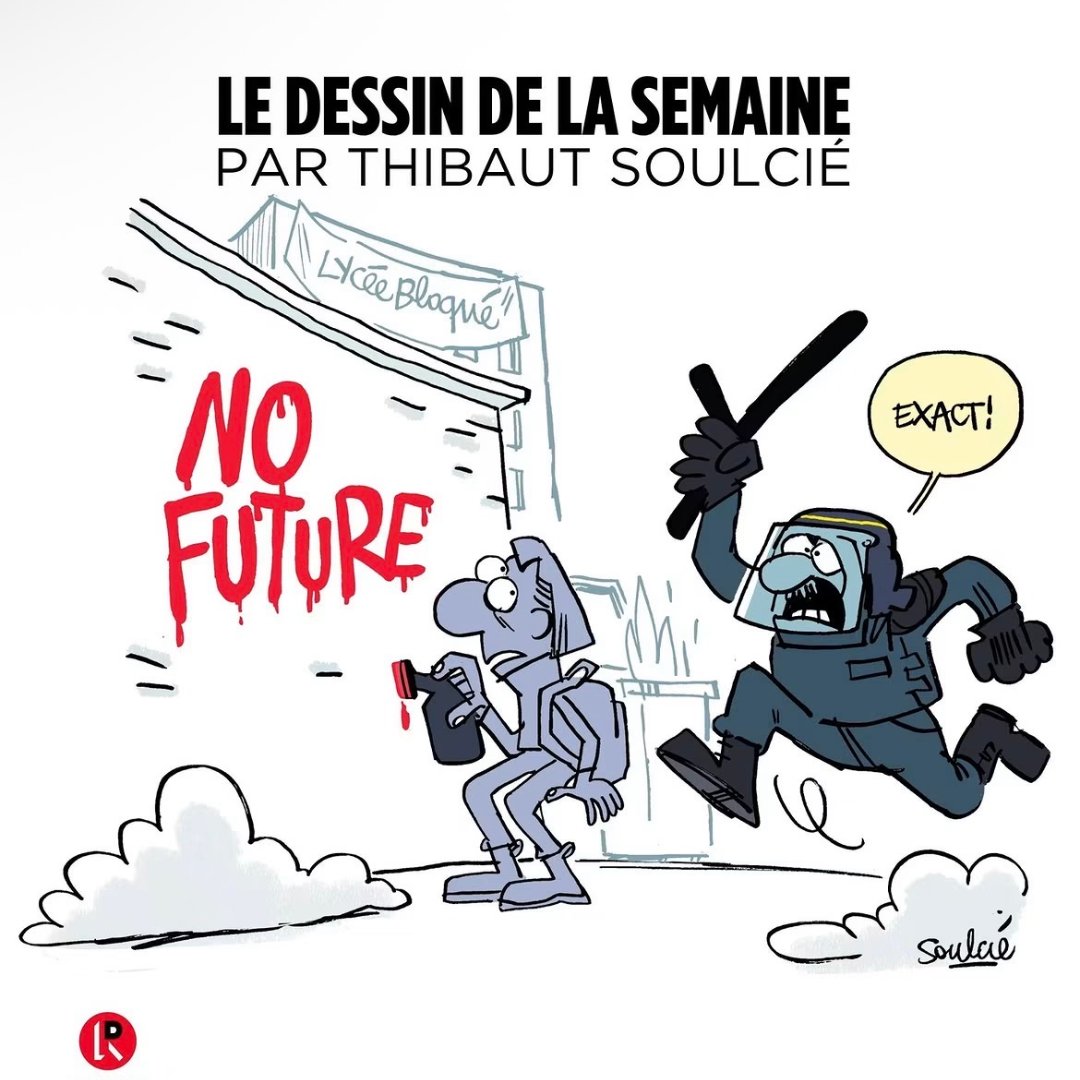Artwork 13: A riot officer agrees with No Future graffiti while raising a baton behind a young person.