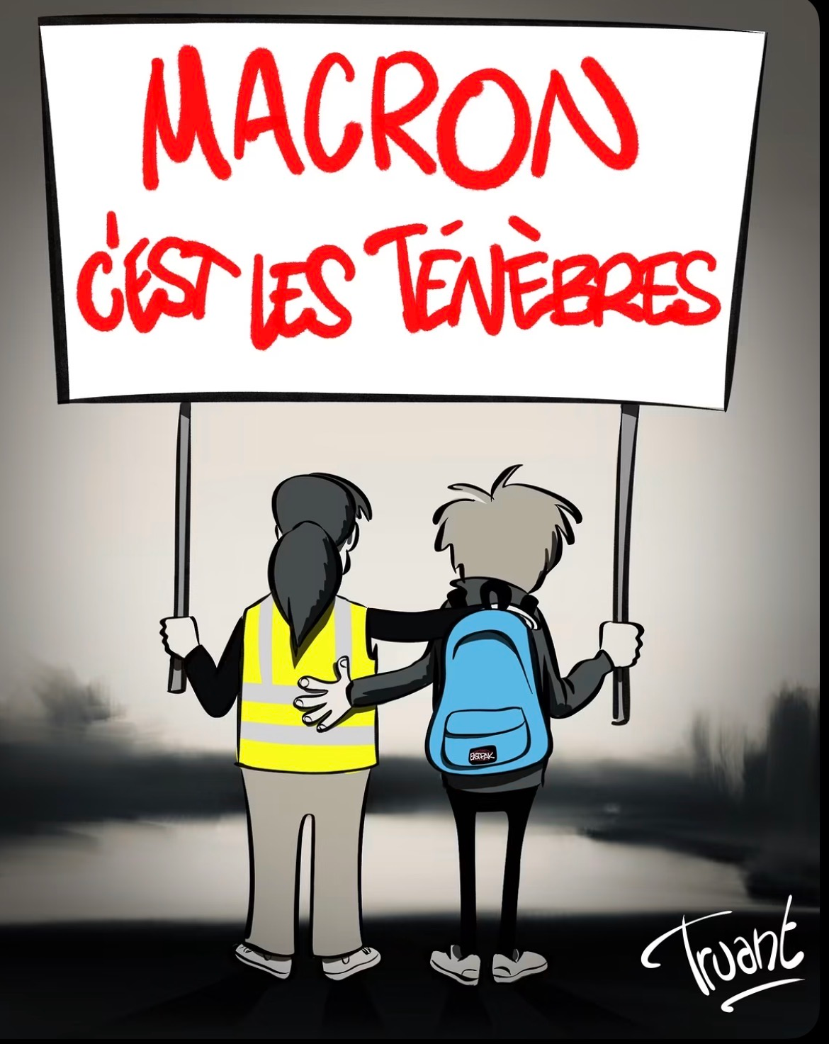 Artwork 14: Two figures, one wearing a yellow vest and the other a blue school backpack, stand with their arms around each other under the sign Macron c’est les ténèbres.