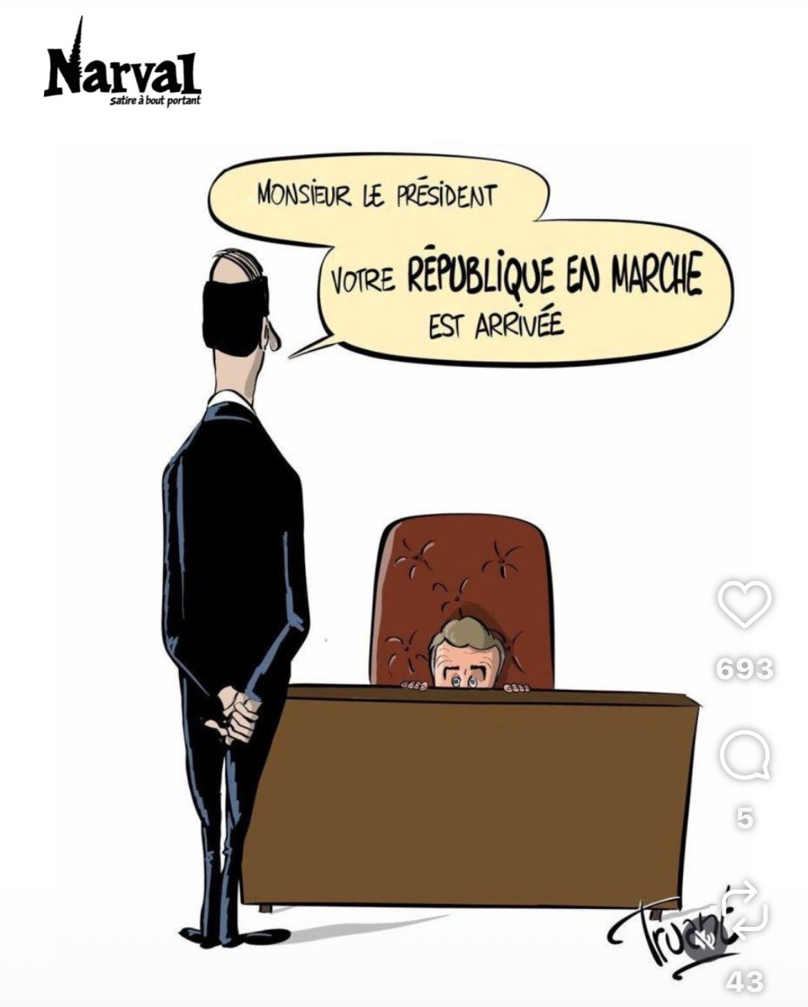Artwork 16: A suited official tells Macron, who peers over an enormous presidential desk, Monsieur le Président, votre République en marche est arrivée.