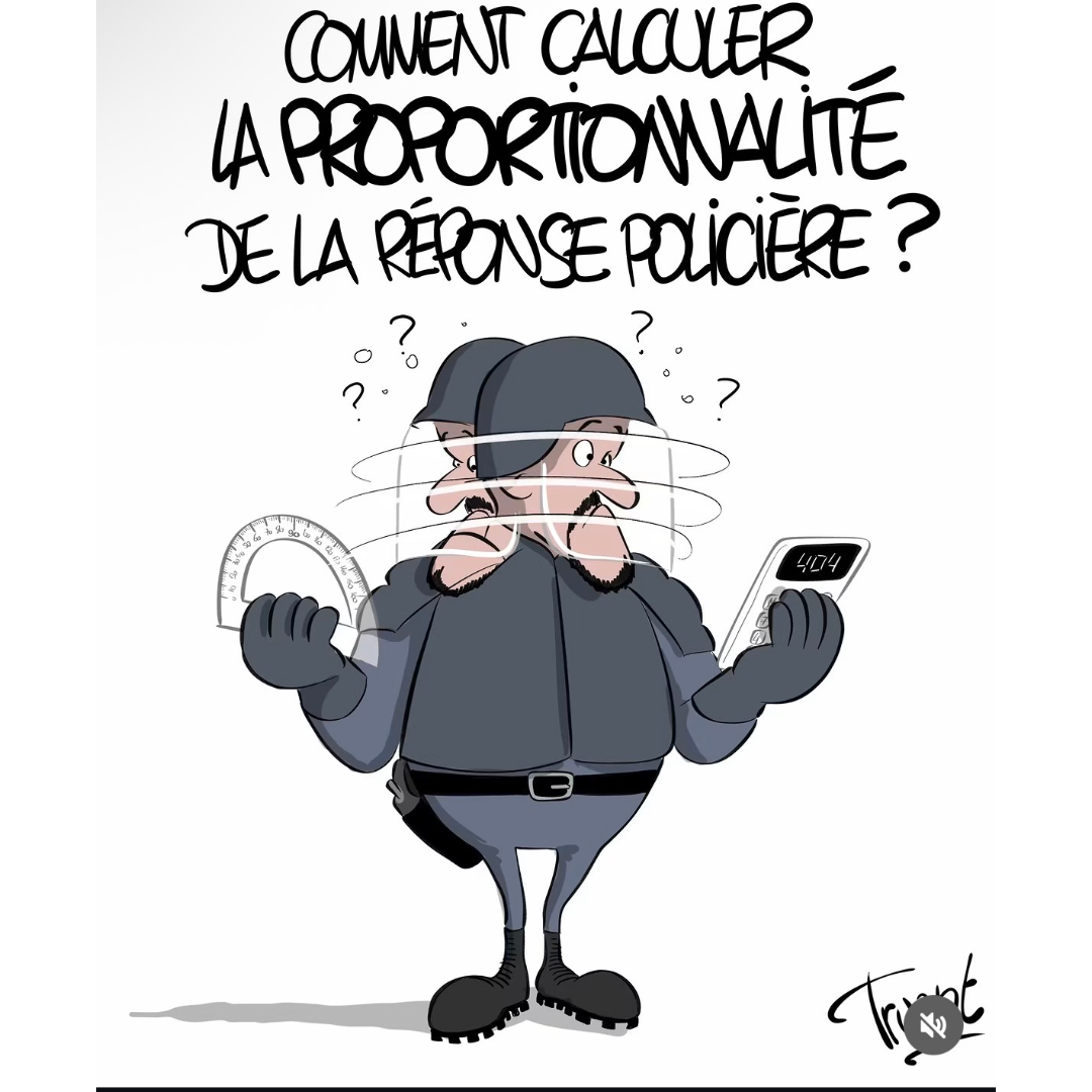 Artwork 2: A riot officer holding a protractor and calculator asks how to calculate the proportionality of a police response.