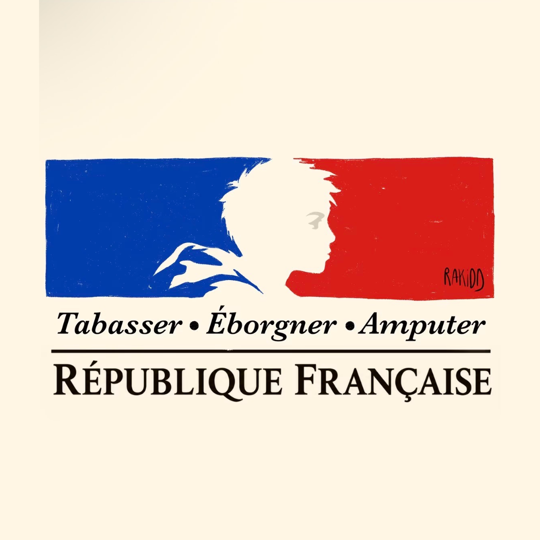 Artwork 8: A distressed French Republic emblem whose motto reads Tabasser, Éborgner, Amputer.